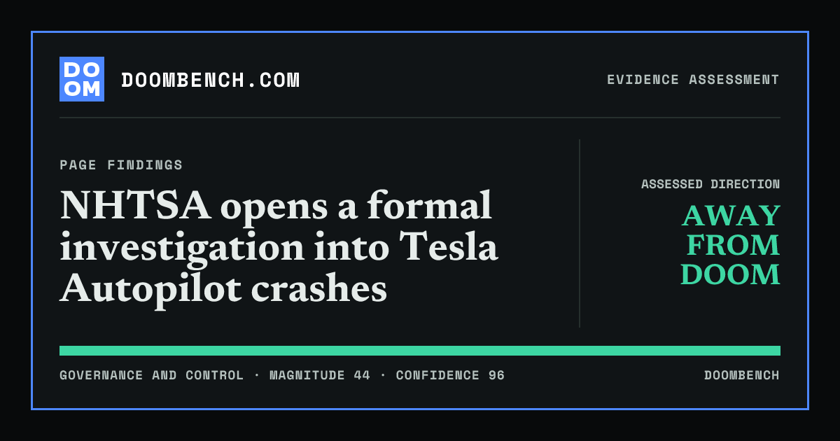 DoomBench social sharing card for NHTSA opens a formal investigation into Tesla Autopilot crashes.