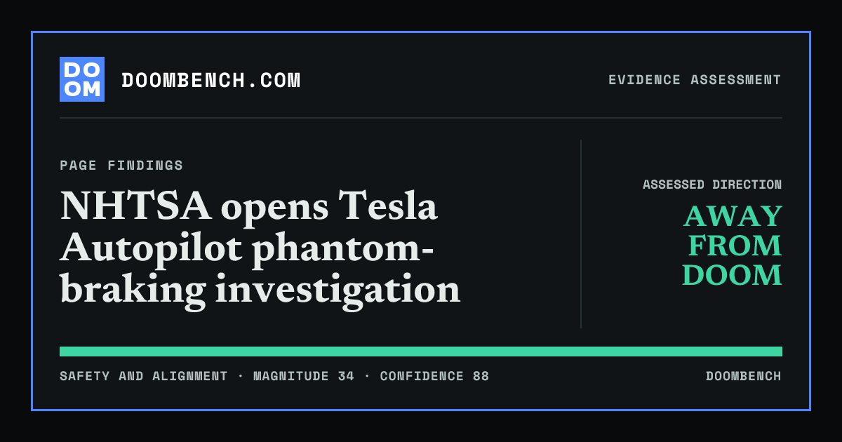 DoomBench social sharing card for NHTSA opens Tesla Autopilot phantom-braking investigation.