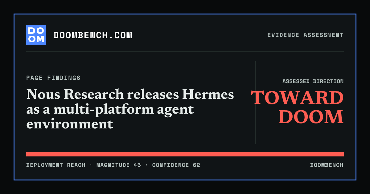 DoomBench social sharing card for Nous Research releases Hermes as a multi-platform agent environment.