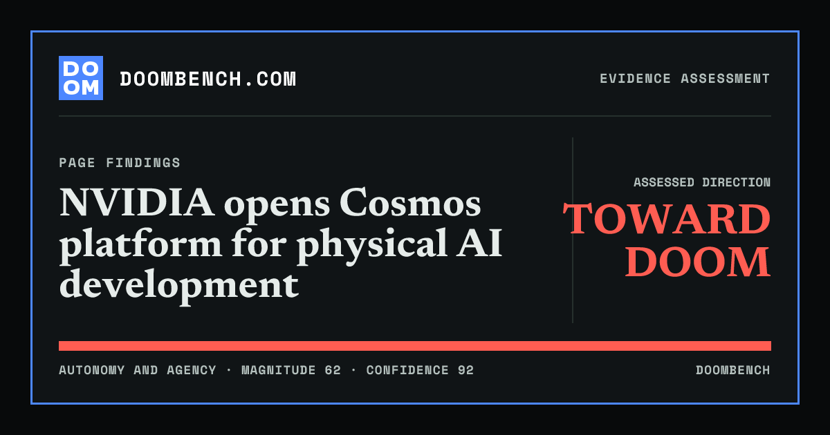 DoomBench social sharing card for NVIDIA opens Cosmos platform for physical AI development.