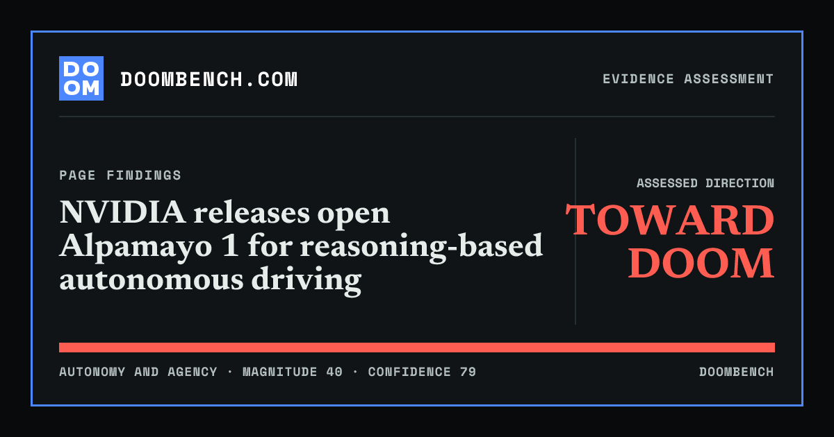 DoomBench social sharing card for NVIDIA releases open Alpamayo 1 for reasoning-based autonomous driving.