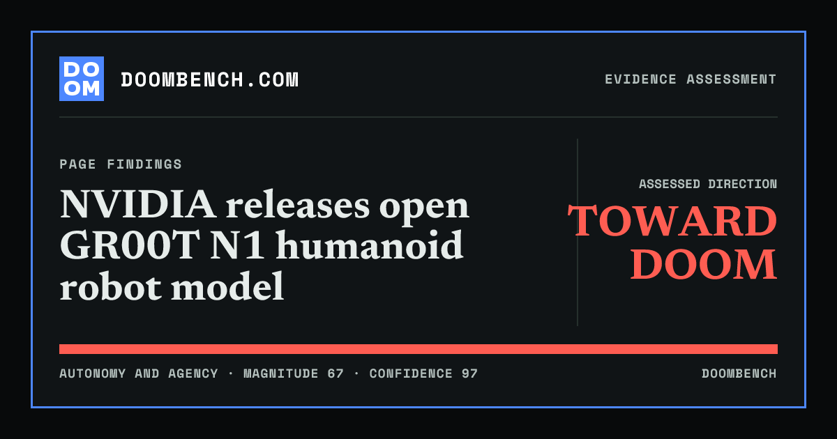 DoomBench social sharing card for NVIDIA releases open GR00T N1 humanoid robot model.