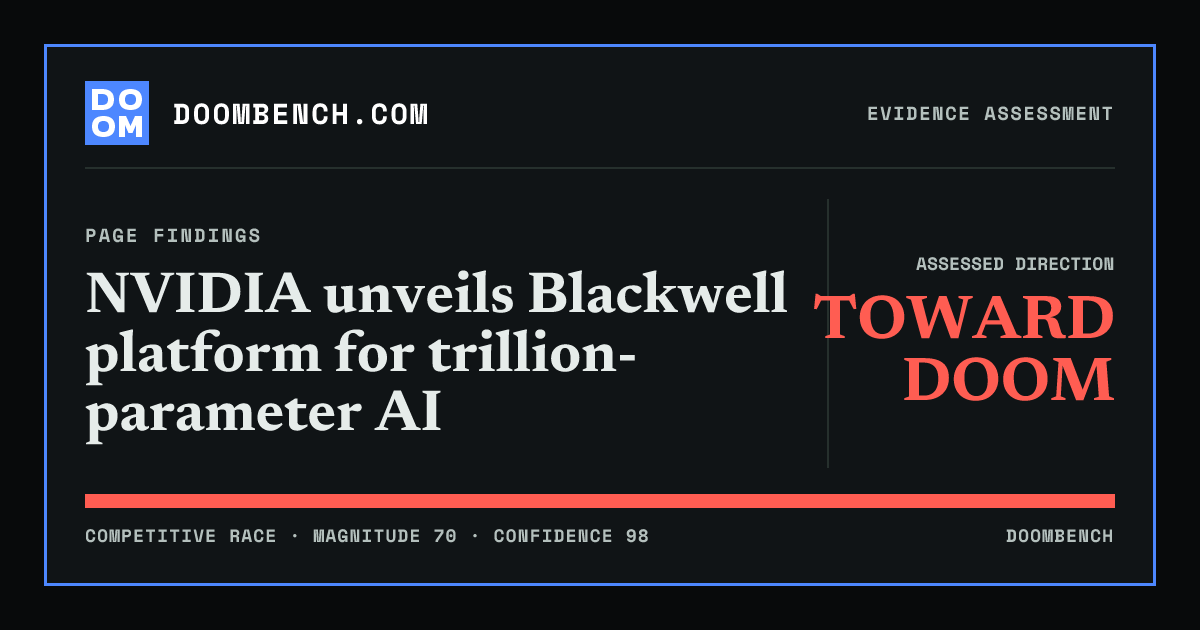 DoomBench social sharing card for NVIDIA unveils Blackwell platform for trillion-parameter AI.