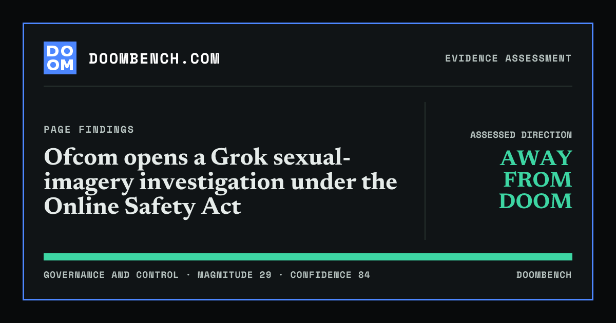 DoomBench social sharing card for Ofcom opens a Grok sexual-imagery investigation under the Online Safety Act.