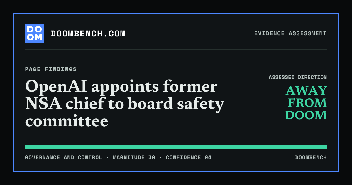 DoomBench social sharing card for OpenAI appoints former NSA chief to board safety committee.