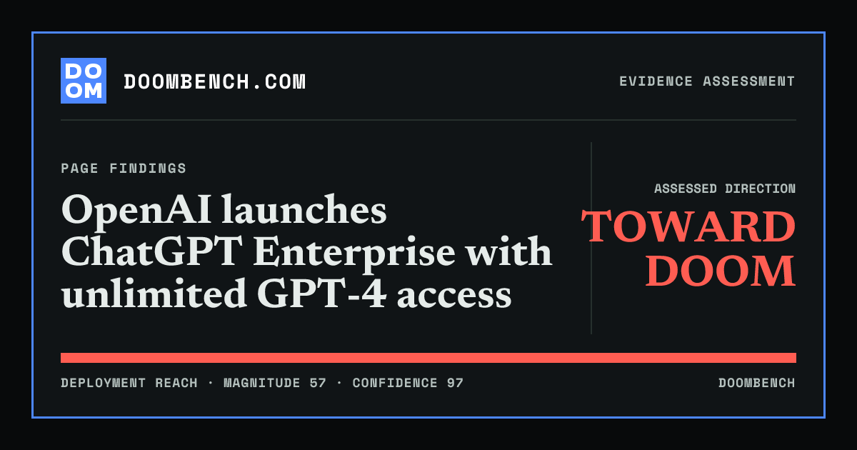 DoomBench social sharing card for OpenAI launches ChatGPT Enterprise with unlimited GPT-4 access.