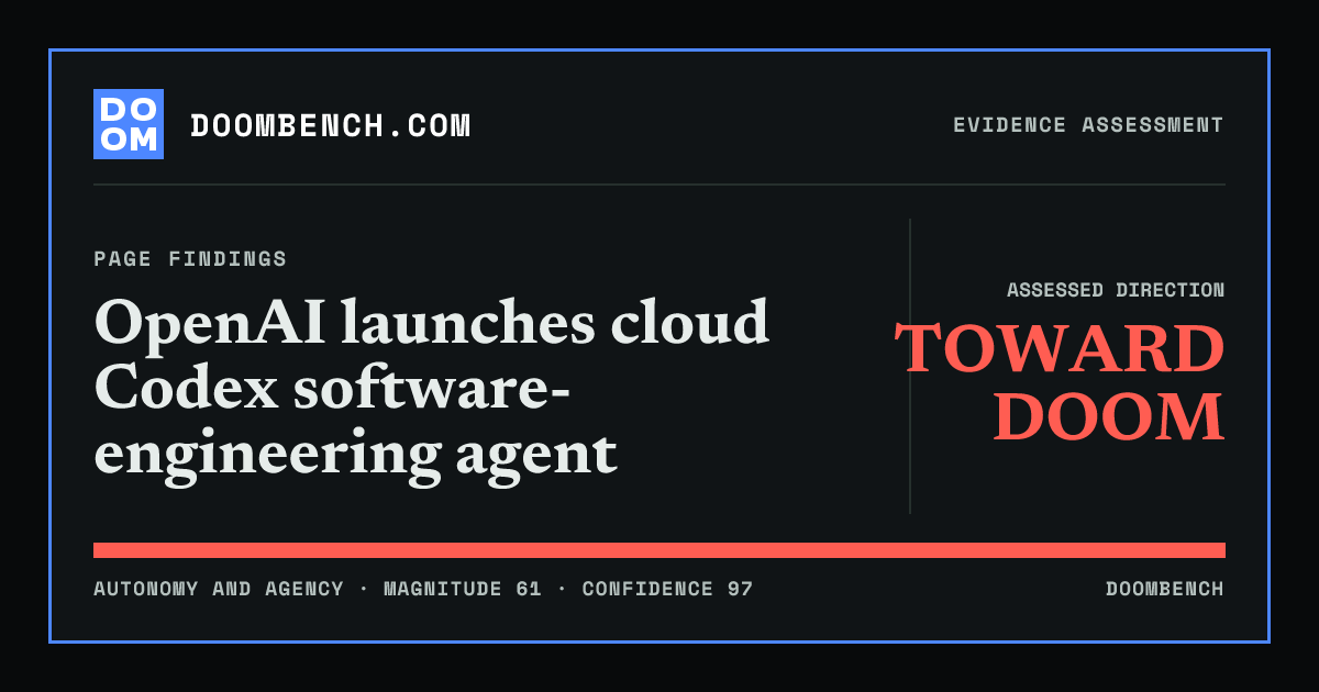 DoomBench social sharing card for OpenAI launches cloud Codex software-engineering agent.
