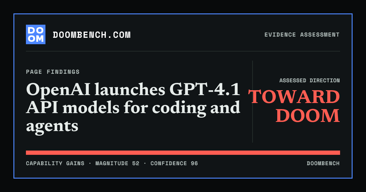DoomBench social sharing card for OpenAI launches GPT-4.1 API models for coding and agents.