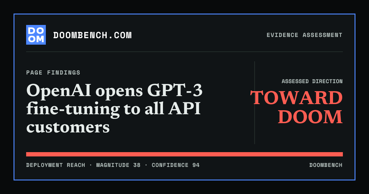 DoomBench social sharing card for OpenAI opens GPT-3 fine-tuning to all API customers.