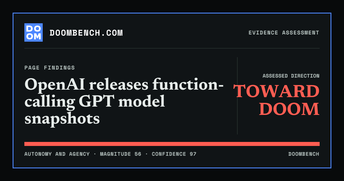 DoomBench social sharing card for OpenAI releases function-calling GPT model snapshots.
