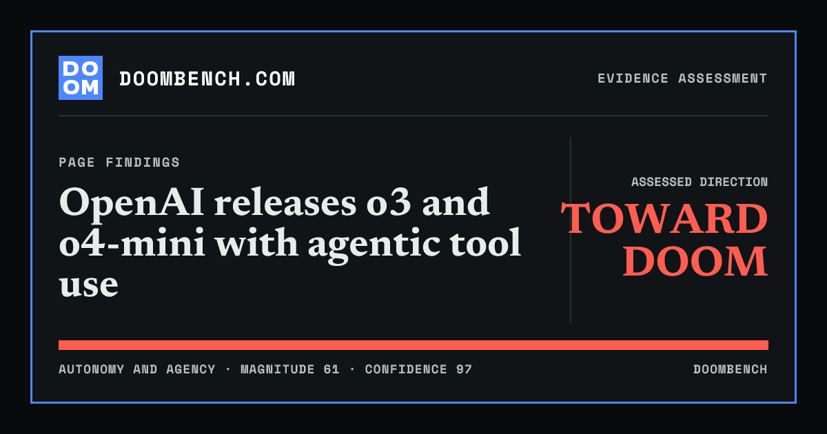 DoomBench social sharing card for OpenAI releases o3 and o4-mini with agentic tool use.