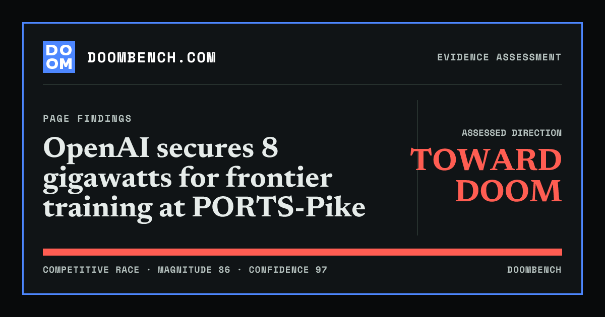 DoomBench social sharing card for OpenAI secures 8 gigawatts for frontier training at PORTS-Pike.