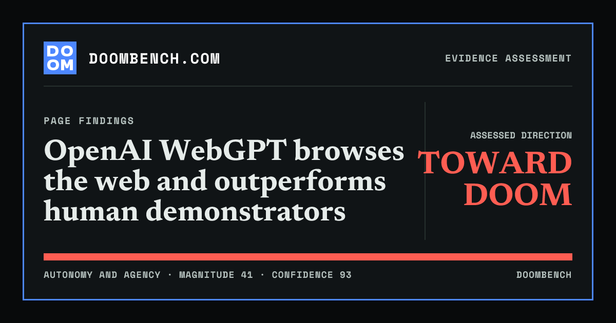 DoomBench social sharing card for OpenAI WebGPT browses the web and outperforms human demonstrators.