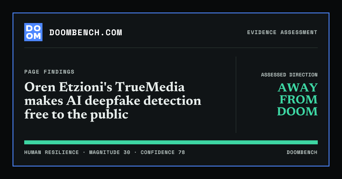 DoomBench social sharing card for Oren Etzioni's TrueMedia makes AI deepfake detection free to the public.