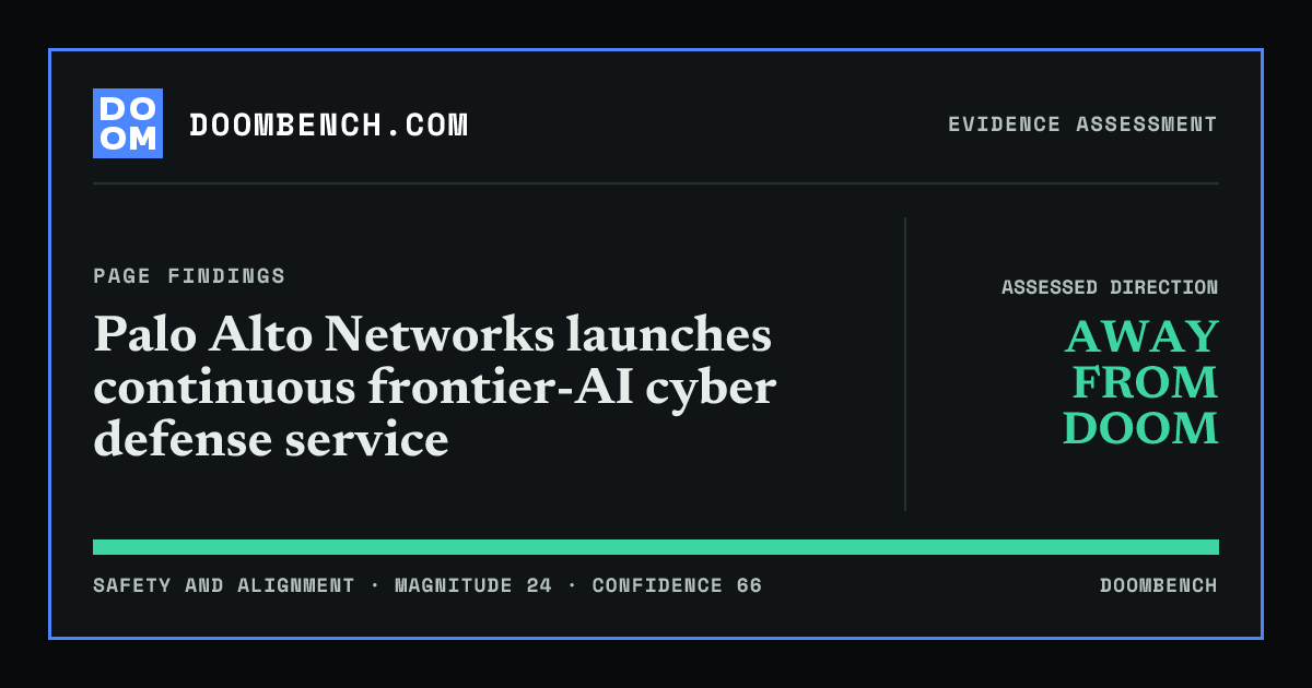 DoomBench social sharing card for Palo Alto Networks launches continuous frontier-AI cyber defense service.