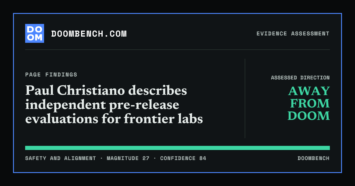 DoomBench social sharing card for Paul Christiano describes independent pre-release evaluations for frontier labs.