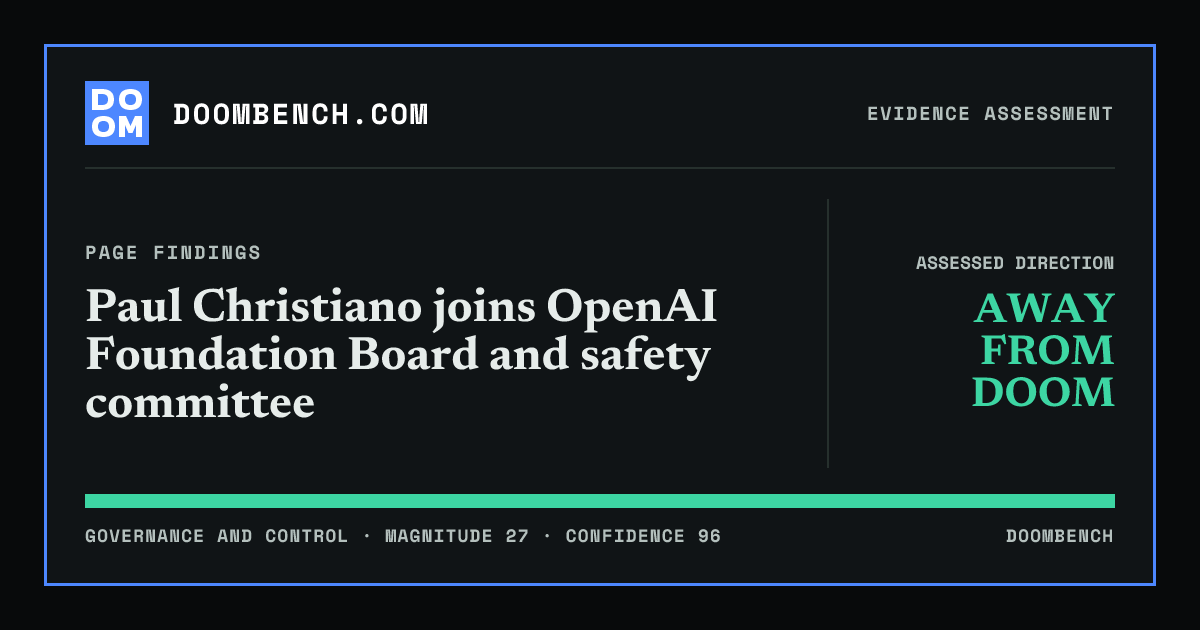 DoomBench social sharing card for Paul Christiano joins OpenAI Foundation Board and safety committee.