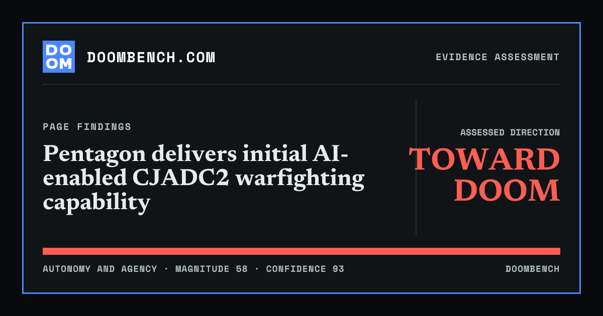 DoomBench social sharing card for Pentagon delivers initial AI-enabled CJADC2 warfighting capability.