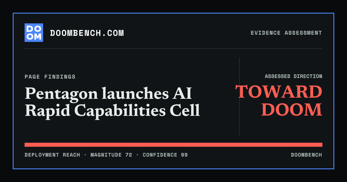DoomBench social sharing card for Pentagon launches AI Rapid Capabilities Cell.