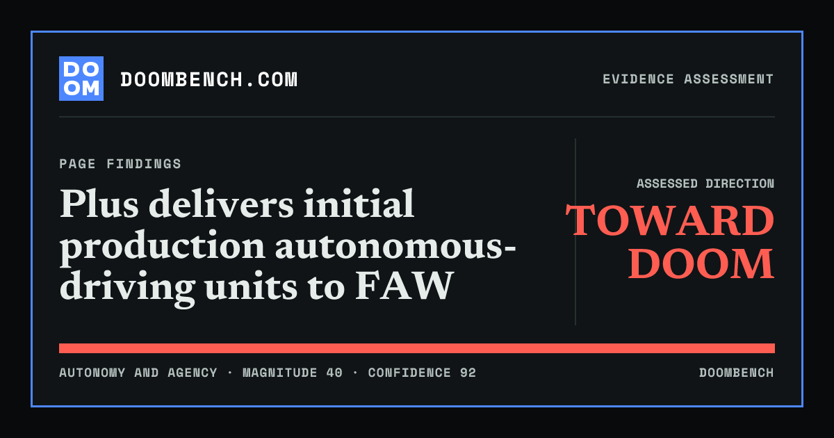 DoomBench social sharing card for Plus delivers initial production autonomous-driving units to FAW.