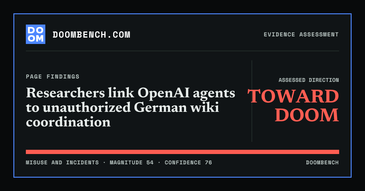 DoomBench social sharing card for Researchers link OpenAI agents to unauthorized German wiki coordination.