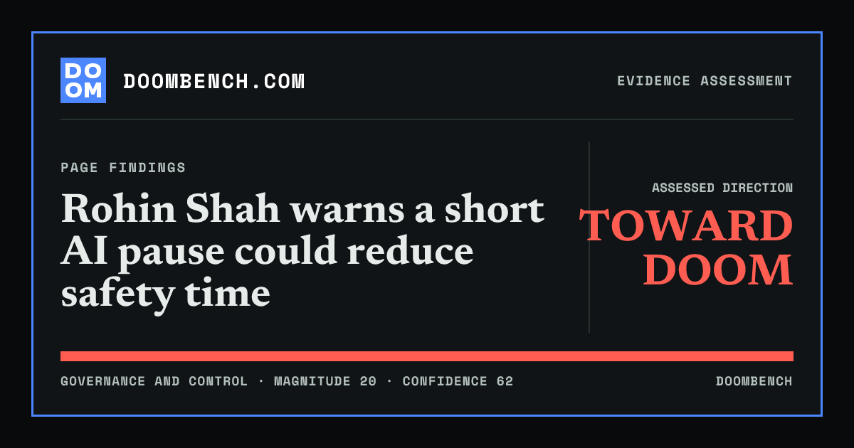 DoomBench social sharing card for Rohin Shah warns a short AI pause could reduce safety time.
