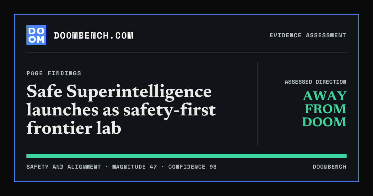 DoomBench social sharing card for Safe Superintelligence launches as safety-first frontier lab.