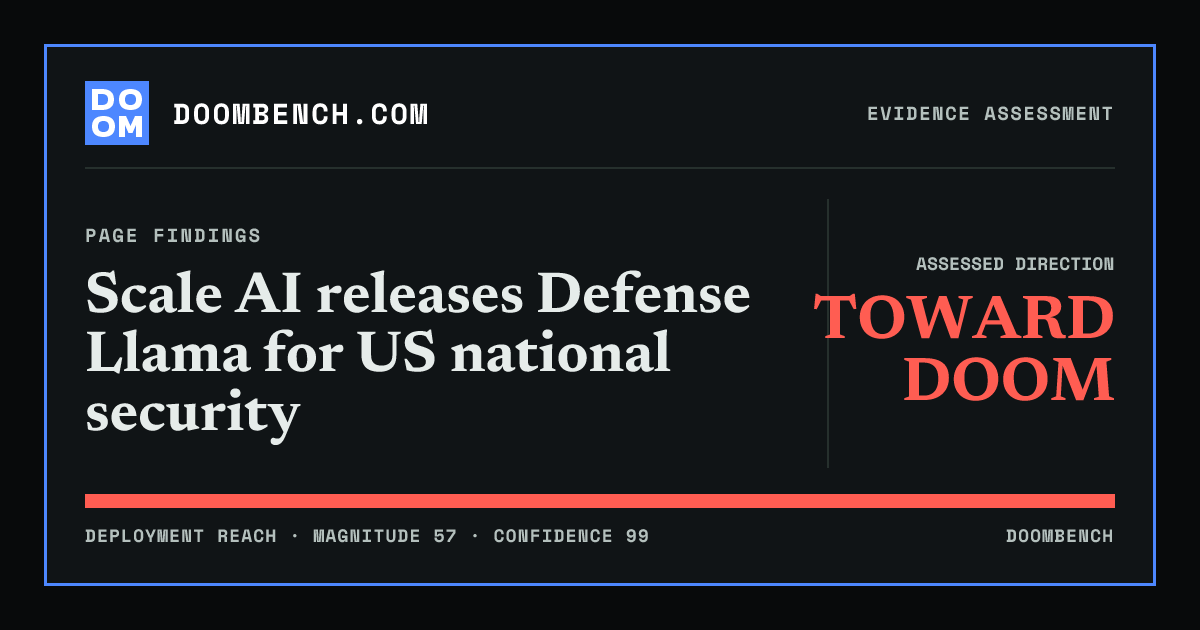 DoomBench social sharing card for Scale AI releases Defense Llama for US national security.