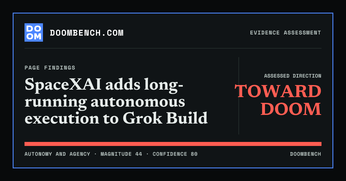 DoomBench social sharing card for SpaceXAI adds long-running autonomous execution to Grok Build.