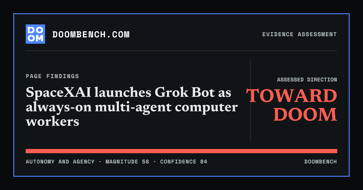 DoomBench social sharing card for SpaceXAI launches Grok Bot as always-on multi-agent computer workers.
