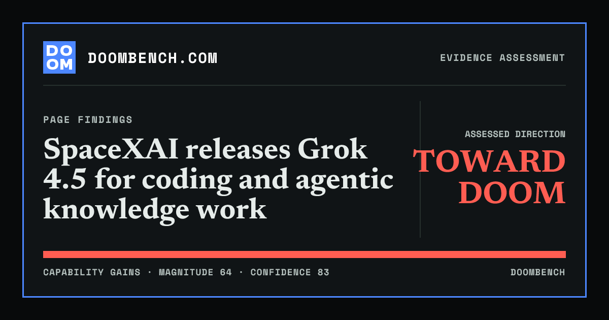DoomBench social sharing card for SpaceXAI releases Grok 4.5 for coding and agentic knowledge work.