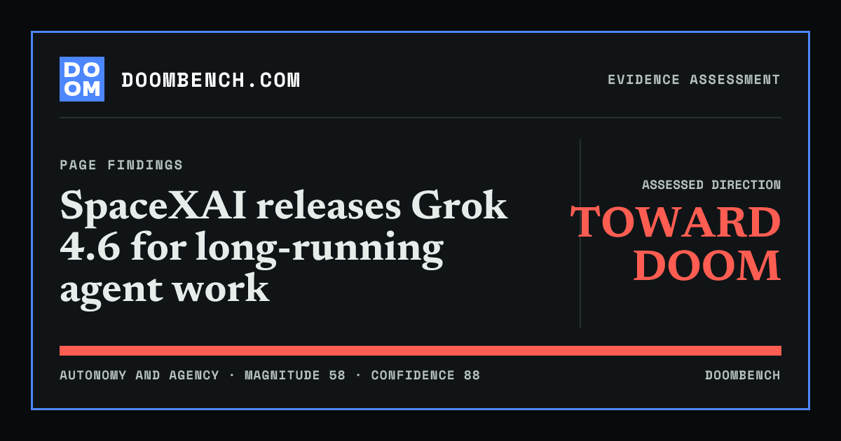 DoomBench social sharing card for SpaceXAI releases Grok 4.6 for long-running agent work.