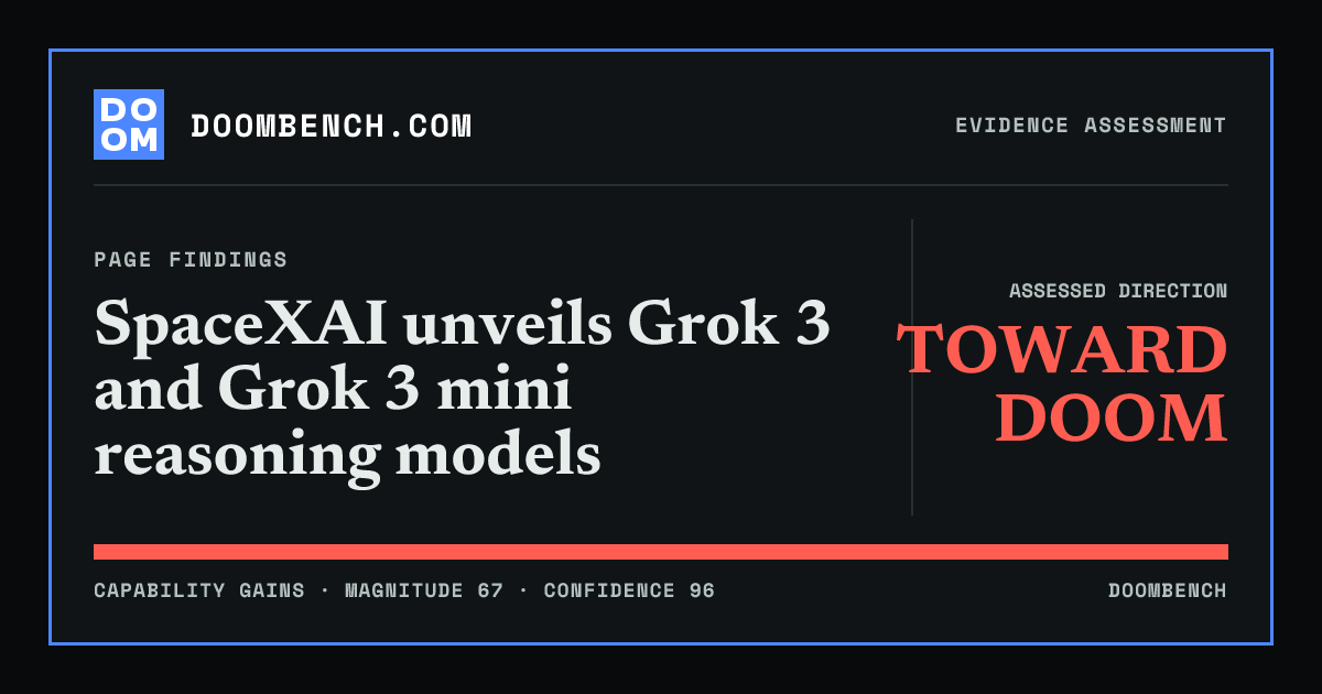 DoomBench social sharing card for SpaceXAI unveils Grok 3 and Grok 3 mini reasoning models.
