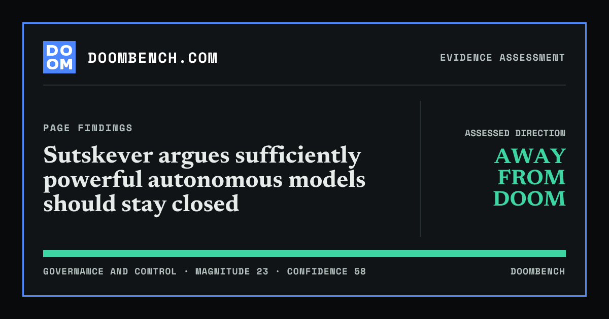 DoomBench social sharing card for Sutskever argues sufficiently powerful autonomous models should stay closed.