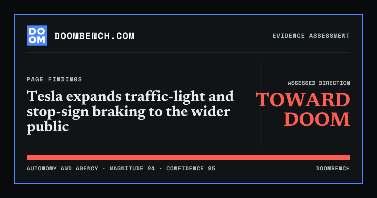DoomBench social sharing card for Tesla expands traffic-light and stop-sign braking to the wider public.