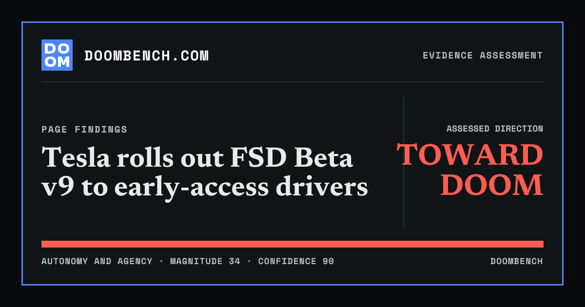 DoomBench social sharing card for Tesla rolls out FSD Beta v9 to early-access drivers.