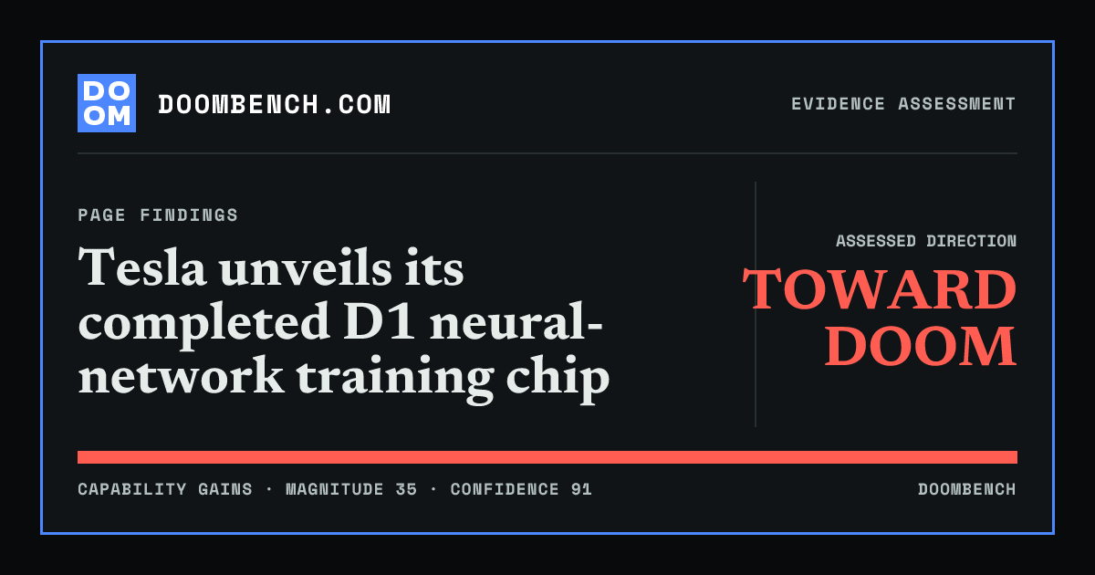 DoomBench social sharing card for Tesla unveils its completed D1 neural-network training chip.