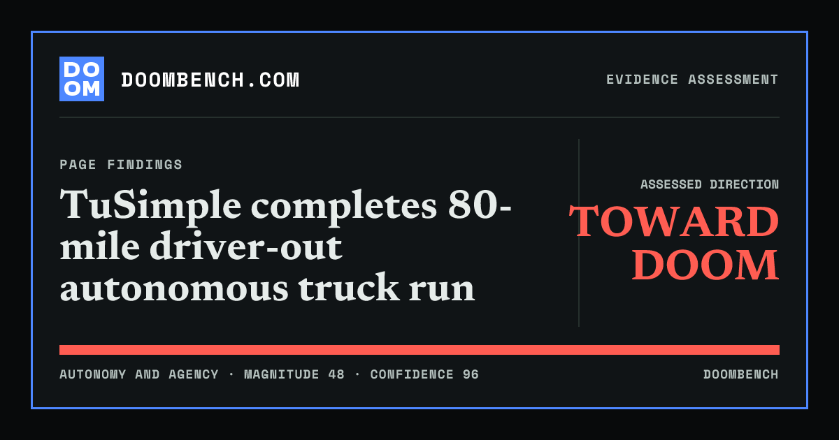 DoomBench social sharing card for TuSimple completes 80-mile driver-out autonomous truck run.