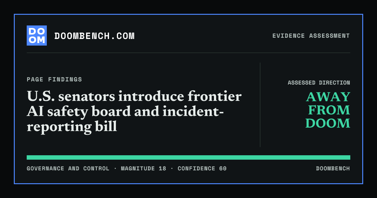 DoomBench social sharing card for U.S. senators introduce frontier AI safety board and incident-reporting bill.
