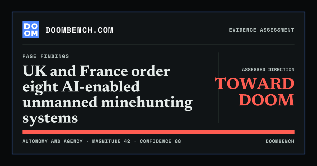 DoomBench social sharing card for UK and France order eight AI-enabled unmanned minehunting systems.