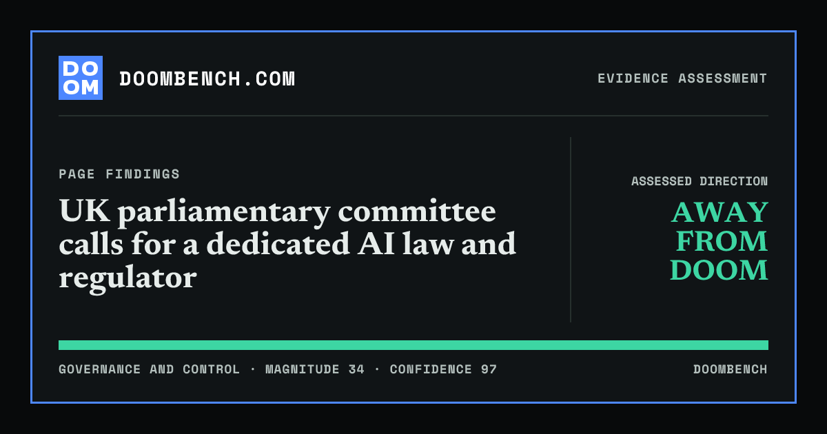 DoomBench social sharing card for UK parliamentary committee calls for a dedicated AI law and regulator.