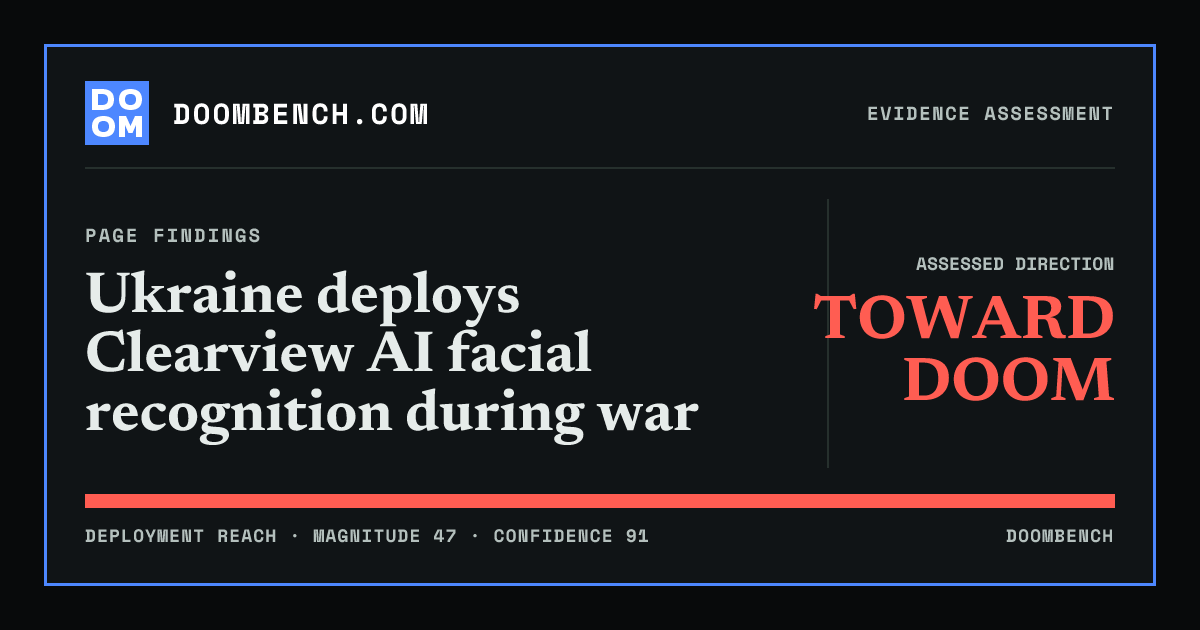 DoomBench social sharing card for Ukraine deploys Clearview AI facial recognition during war.