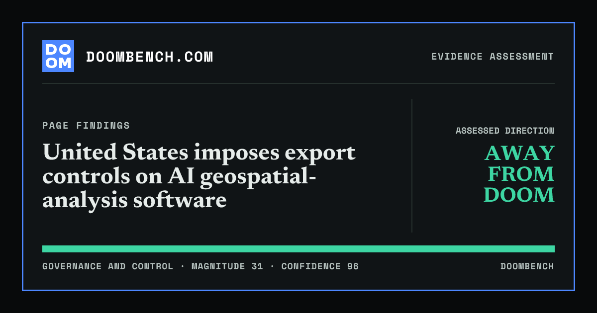 DoomBench social sharing card for United States imposes export controls on AI geospatial-analysis software.