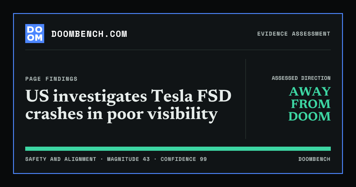 DoomBench social sharing card for US investigates Tesla FSD crashes in poor visibility.