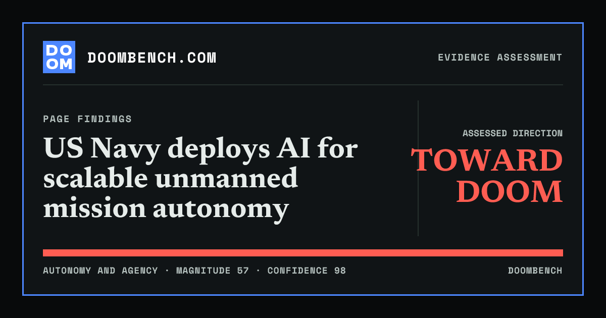 DoomBench social sharing card for US Navy deploys AI for scalable unmanned mission autonomy.