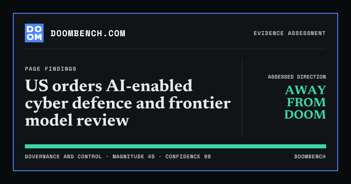 DoomBench social sharing card for US orders AI-enabled cyber defence and frontier model review.