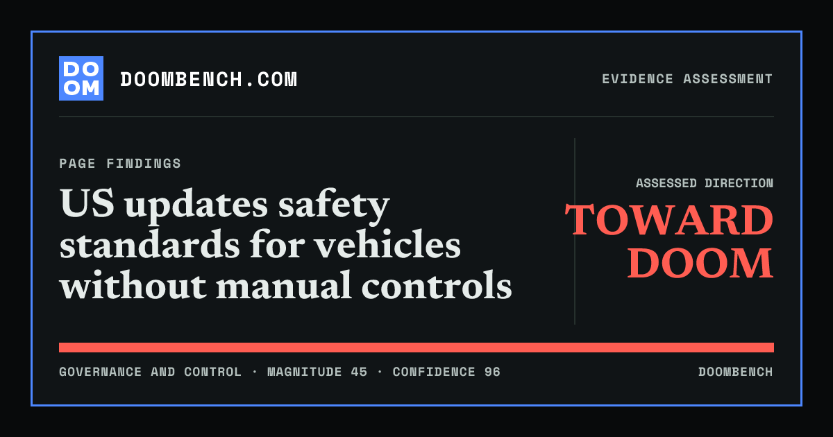 DoomBench social sharing card for US updates safety standards for vehicles without manual controls.