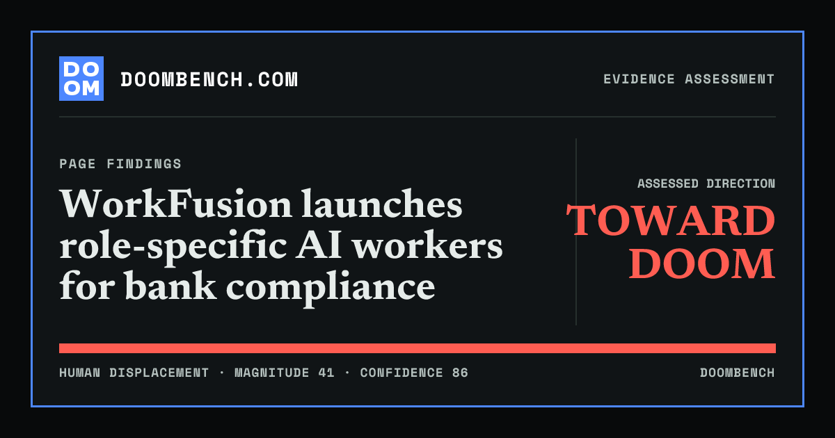 DoomBench social sharing card for WorkFusion launches role-specific AI workers for bank compliance.
