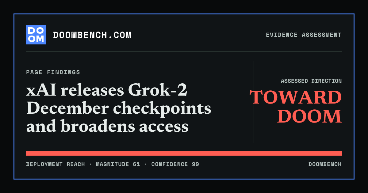 DoomBench social sharing card for xAI releases Grok-2 December checkpoints and broadens access.