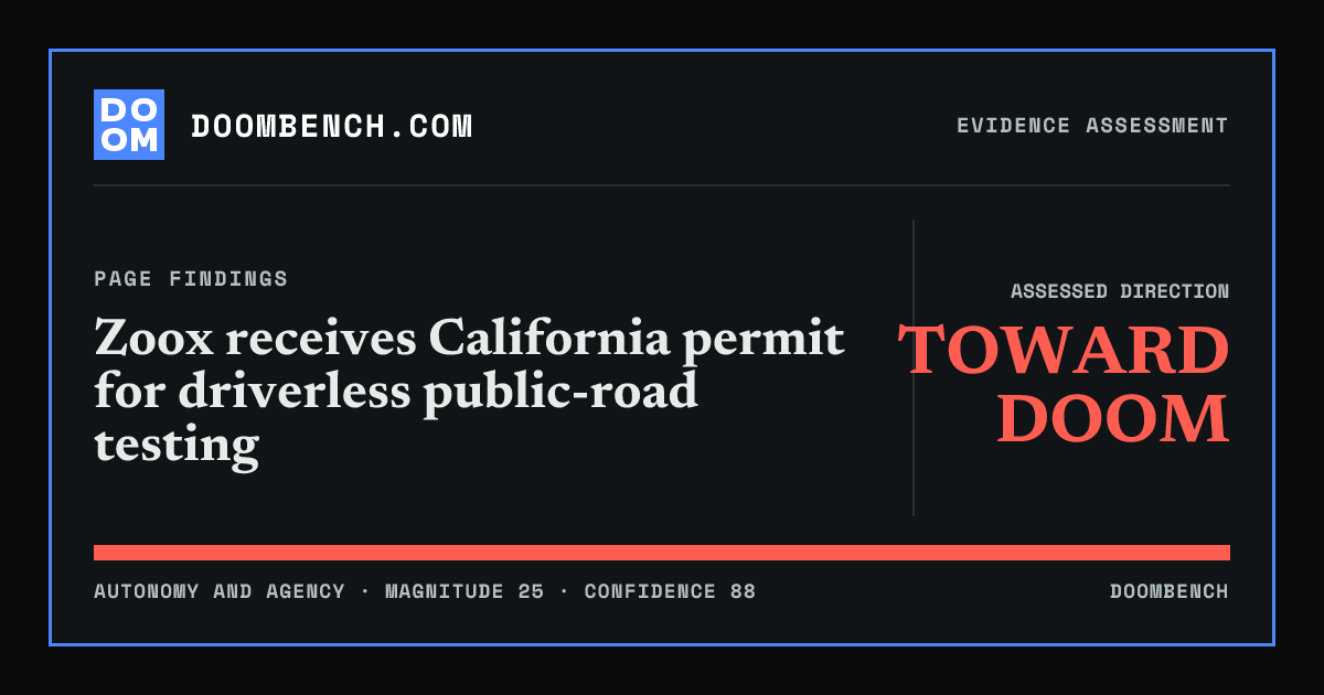 DoomBench social sharing card for Zoox receives California permit for driverless public-road testing.